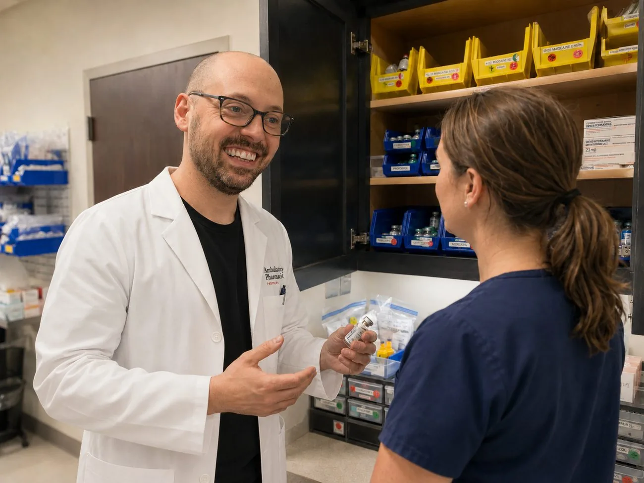 Pharmacist training a surgery center nurse at the medication cabinet